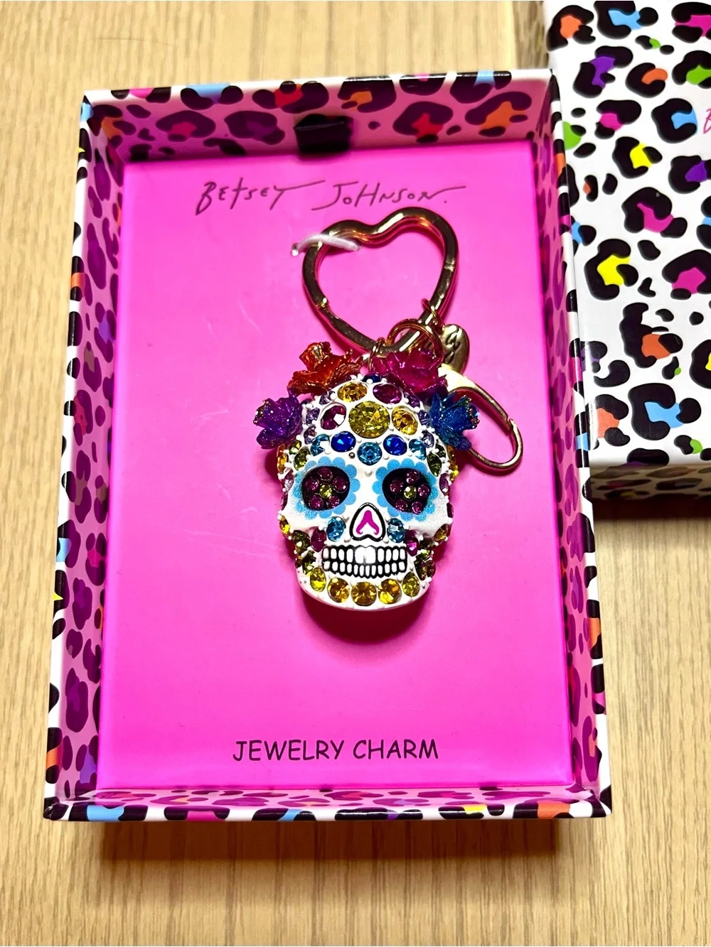 Betsey Johnson White Sugar Skull Bag Charm Keychain with Multicolor Stones - NWT